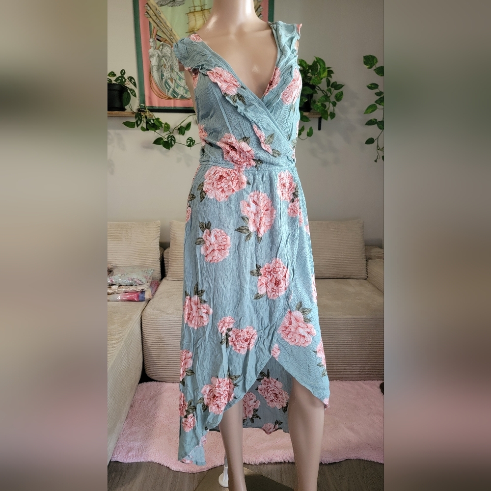 Crescent High Low Floral Dress in Blue and Pink